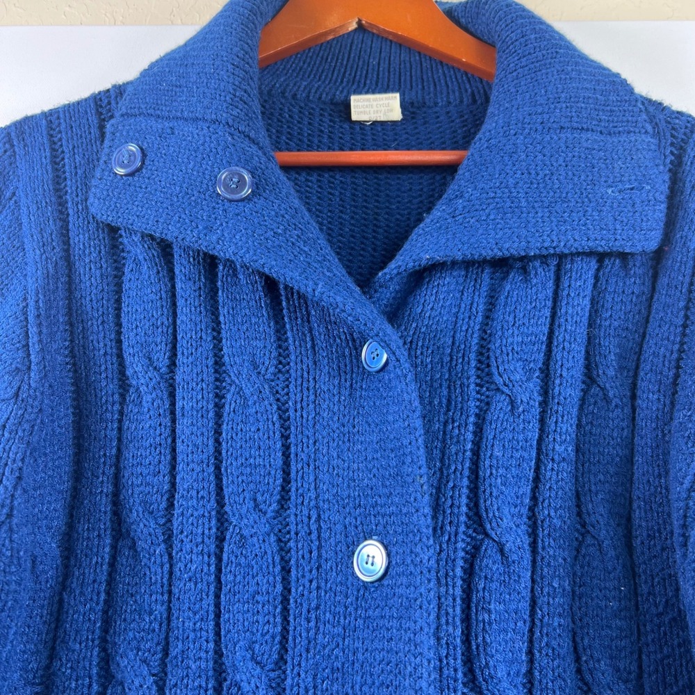 Vintage Sears Cardigan Sweater Mens Cable Knit Button Front Blue XL Chunky Retro
